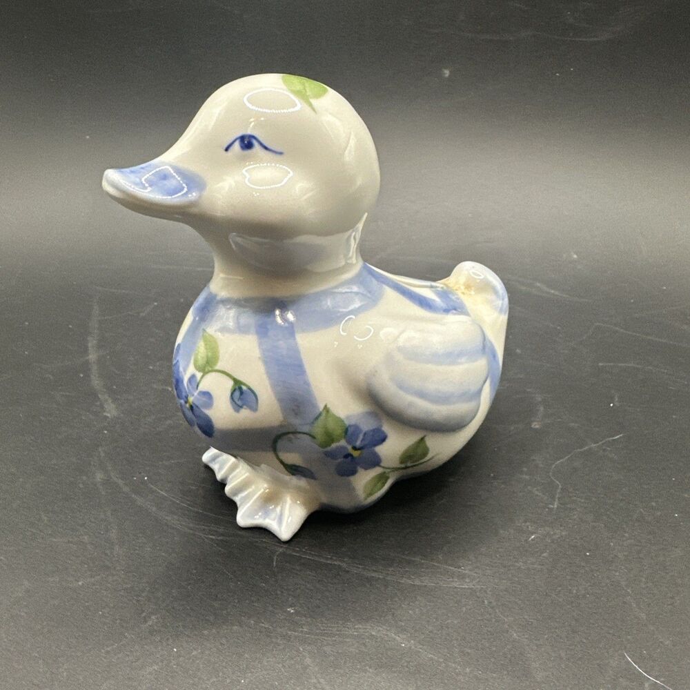 Andrea By Sadek - Hand Painted Blue Violets & White Piggy Bank 4” Duck